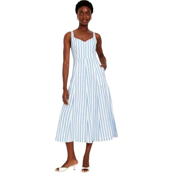 Old Navy Dresses & Skirts - NWT Old Navy Linen Blend Striped Midi Dress Sweetheart Notch Pockets XL Blue